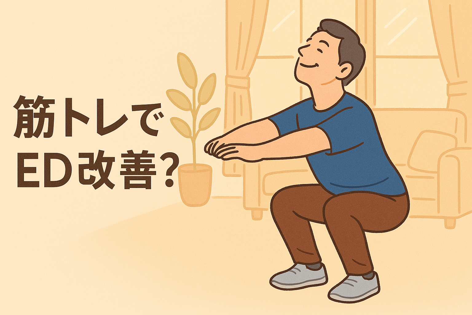 筋トレをする中年男性が明るい部屋で上を向き、前向きな表情を浮かべているイラスト。「筋トレでED改善？」というテキストが添えられ、安心感と希望を感じさせるデザイン。